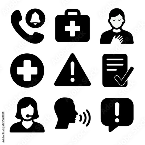 Crisis Intervention Icons. Solid, filled icons set of Crisis intervention: emergency phone, first aid kit,