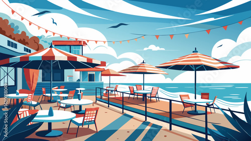 A seaside cafe with umbrellas tables chairs and decorations under a cloudy blue sky near the ocean