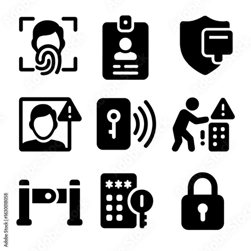 Critical Access Control Icons. Solid, filled icons set of critical infrastructure access control: biometric