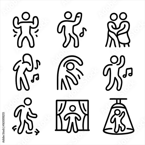 Groove Dance Icons. Outline icon set of groove in dance and performance: dance groove, hip hop groove, salsa groove, rhythm groove