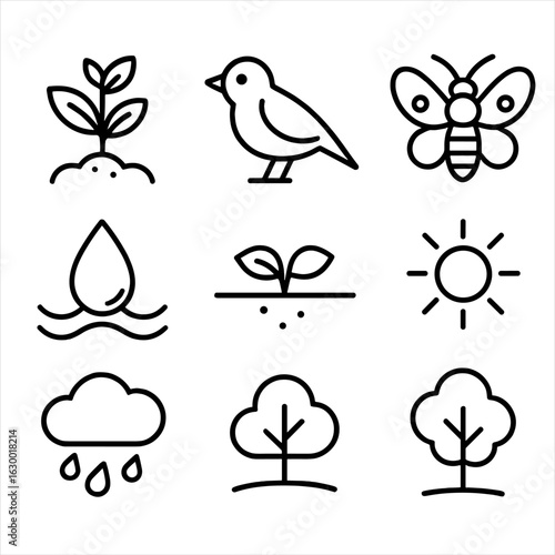 Crop Rotation Benefits Icons. Outline icon set of environmental benefits of crop rotation: healthy plant, bird