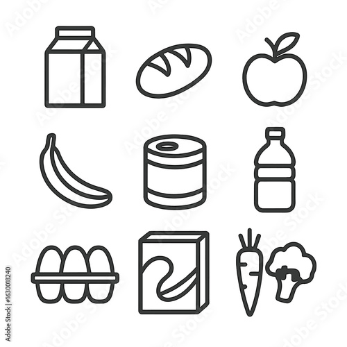 Grocery Icon Set. Outline icon set of grocery items: milk carton, bread loaf, apple, banana, canned food, water bottle, eggs