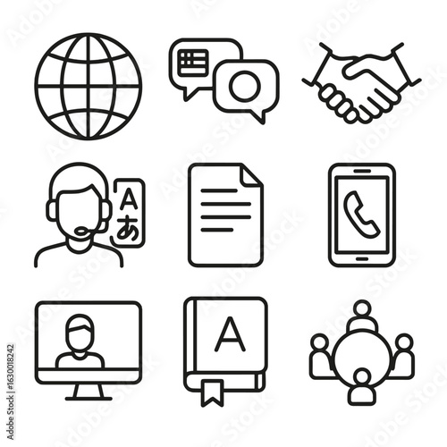Cross-Cultural Communication Icons. Outline icon set of cross-cultural communication: globe, speech bubbles