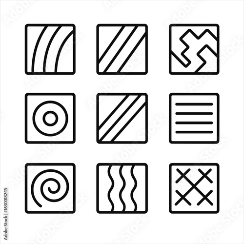 Groove Pattern Icons. Outline icon set of groove patterns: curved groove, straight groove, zigzag groove, circular groove,