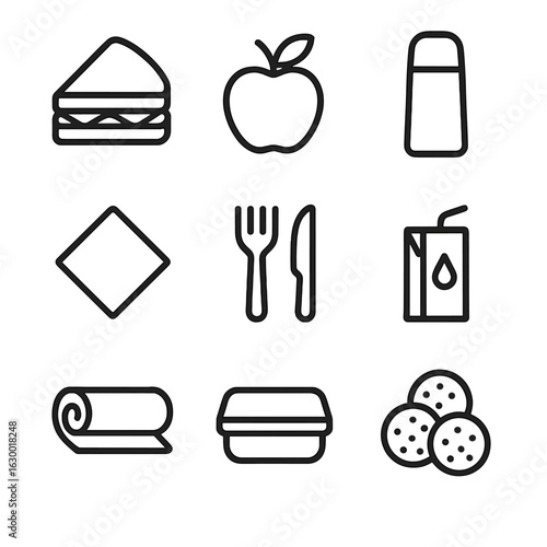 Picnic Basket Icons. Outline icon set of picnic basket items: sandwich, apple, thermos, napkin, cutlery, juice box, blanket,