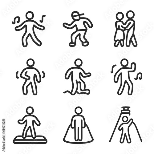 Groove Dance Icons. Outline icon set of groove in dance and performance: dance groove, hip hop groove, salsa groove, rhythm groove