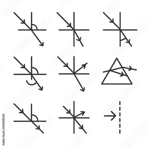 Physics Angles Icons. Outline icon set of physics reflection/refraction angles: incidence angle, reflection angle, refraction