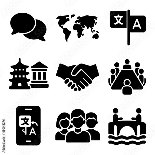 Cross-Cultural Icons Grid. Solid, filled icons set of Cross-cultural communication: dialogue bubbles, world