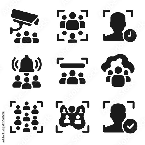 Crowd Scanning Icons. Solid, filled icons set of crowd scanning systems: crowd camera icon, multiple scan