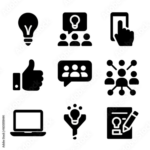 Crowdsourced Innovation Icons. Solid, filled icons set of crowdsourced innovation: light bulb, group