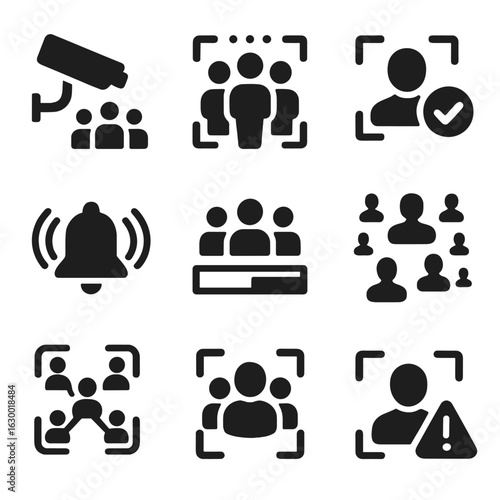 Crowd Scanning Icons. Solid, filled icons set of crowd scanning systems: crowd camera icon, multiple scan