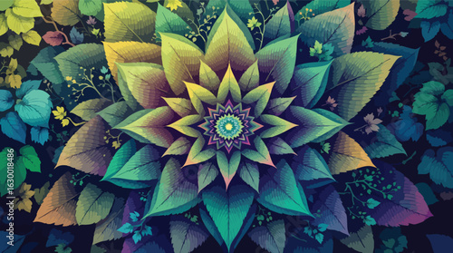 Colorful leaf mandala with gradient hues abstract background.