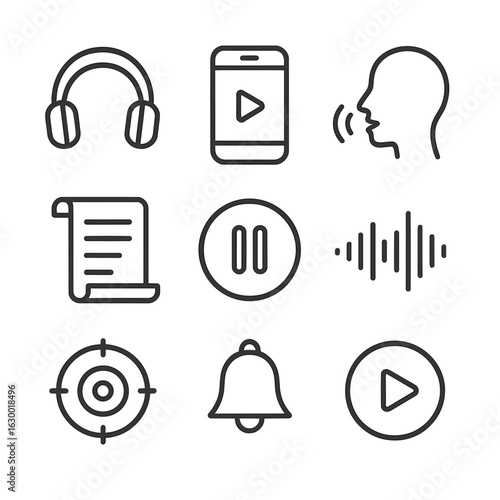 Guided Meditation Icon Set. Outline icon set of guided meditation: headphones icon, mobile app, calm voice icon, script scroll,