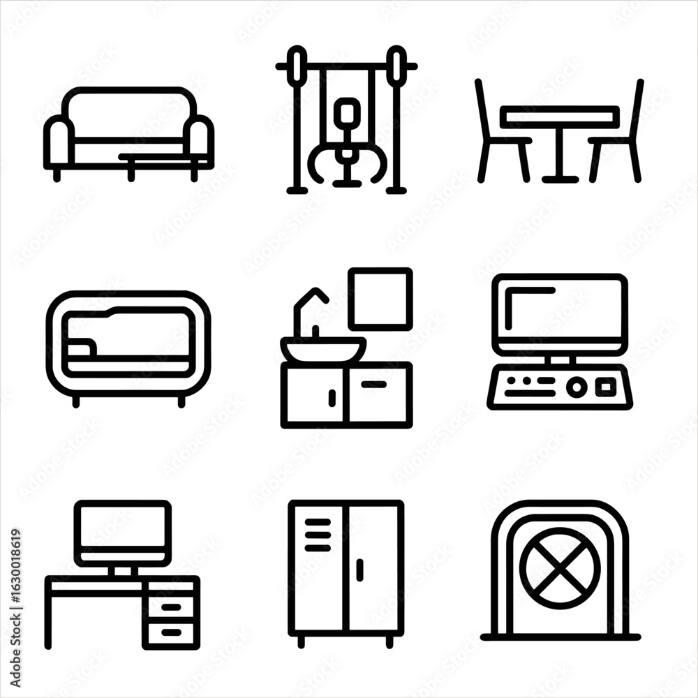 Habitat Interior Icons. Outline icon set of habitat interior amenities: living quarters, exercise station, dining table, sleeping Habitat Interior Icons. Outline icon set of habitat interior amenities: living quarters, exercise station, dining table, sleeping