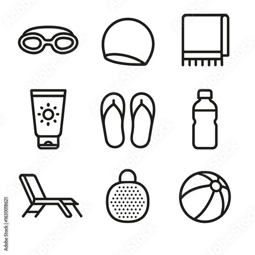 Pool Accessory Icons. Outline icon set of pool accessories: swim goggles, swim cap, pool towel, sunscreen, flip flops, water