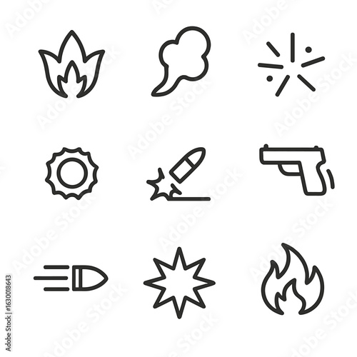 Gunfire Effects Icons. Outline icon set of gunfire effects: muzzle flash, smoke, sparks, bullet hole, ricochet, recoil, bullet