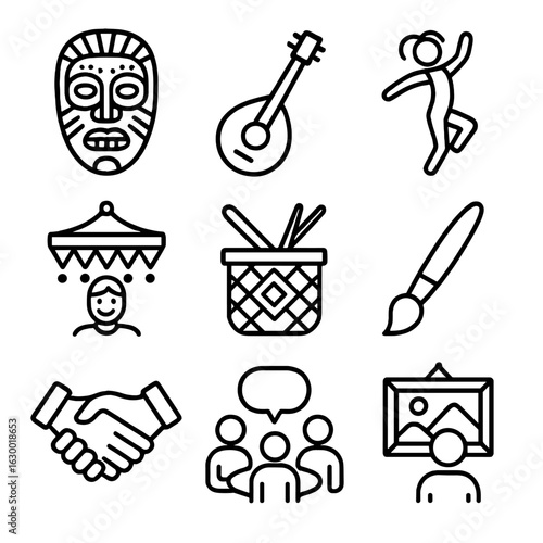 Cultural Art Icons. Outline icon set of cultural art and community: tribal mask, musical instrument, dance