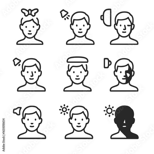 Portrait Lighting Icons. Outline icon set of portrait lighting: butterfly lighting, Rembrandt lighting, split lighting, loop