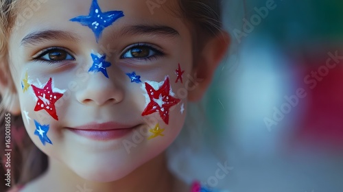 Photograph of a young girl with patriotic red and blue star face paint against a blurred colorful background.