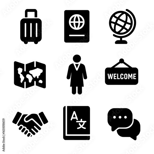 Cultural Adaptation Icons. Solid, filled icons set of Adapting to new cultures: suitcase, passport, globe, map