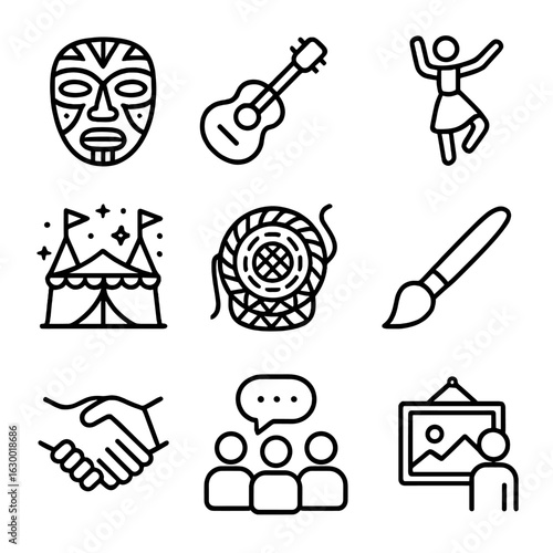 Cultural Art Icons. Outline icon set of cultural art and community: tribal mask, musical instrument, dance