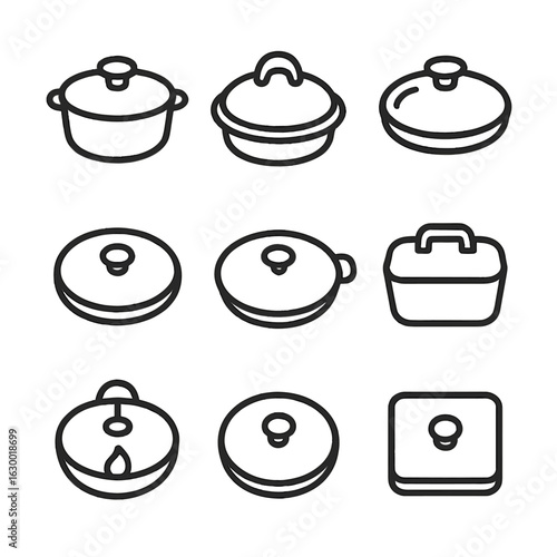 Pot Lid Icons. Outline icon set of pot and pan lids: cast iron lid, enamel lid, clear lid, knob handle lid, side-handle lid, heavy