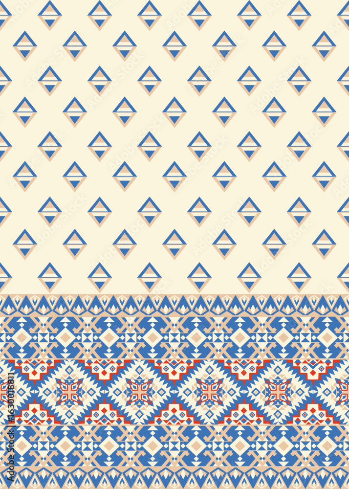 Fototapeta premium Traditional geometric print characterized by a series of diamond shapes and intricate borders. This is suitable for both modern and classic interiors and can evoke feelings of warmth and nostalgia.