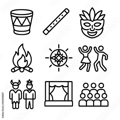 Cultural Celebrations Icons. Outline icon set of cultural celebrations: drum, flute, mask, fire, sun emblem,
