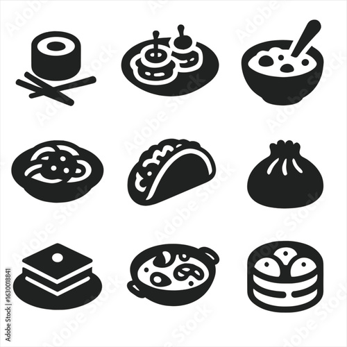 Cultural Cuisine Icons. Solid, filled icons set of cultural food specialties: sushi roll, tapas plate, curry