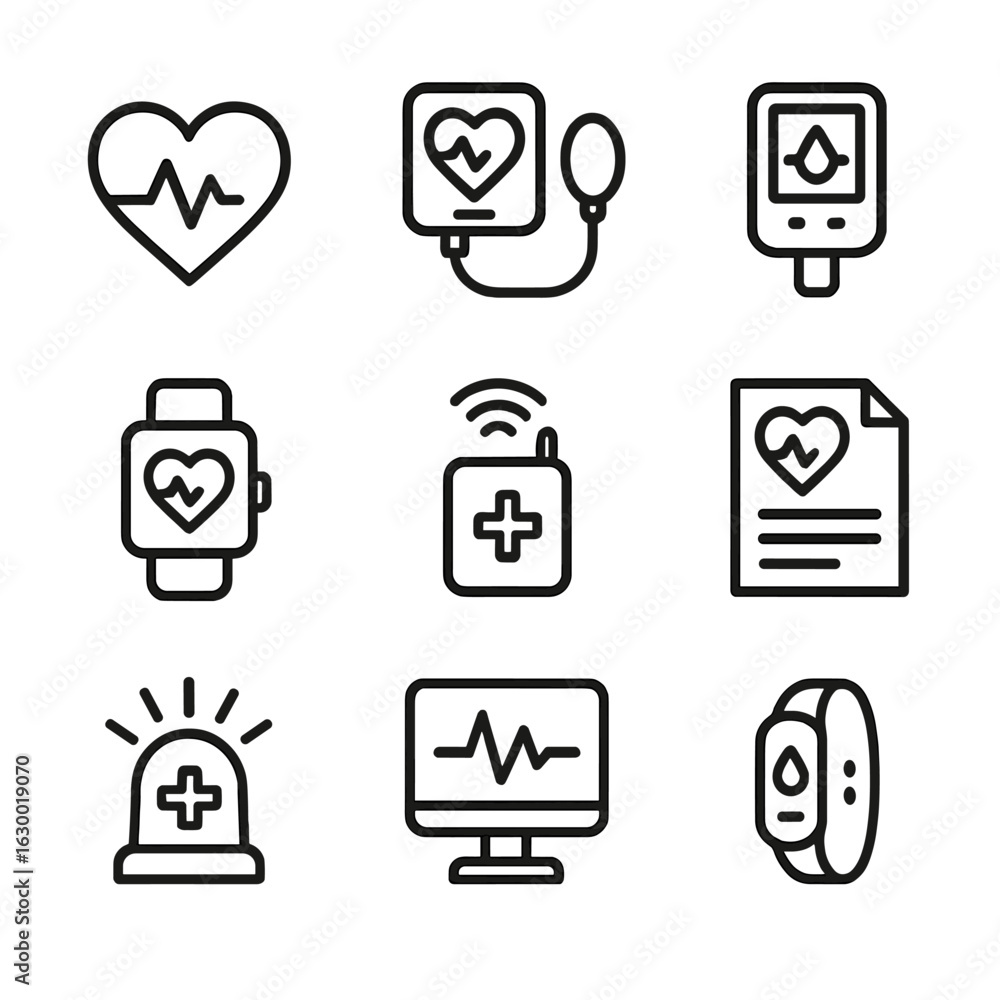Health Monitoring Icons. Outline icon set of telemetry health monitoring: heart rate sensor, blood pressure, oxygen monitor, Health Monitoring Icons. Outline icon set of telemetry health monitoring: heart rate sensor, blood pressure, oxygen monitor,