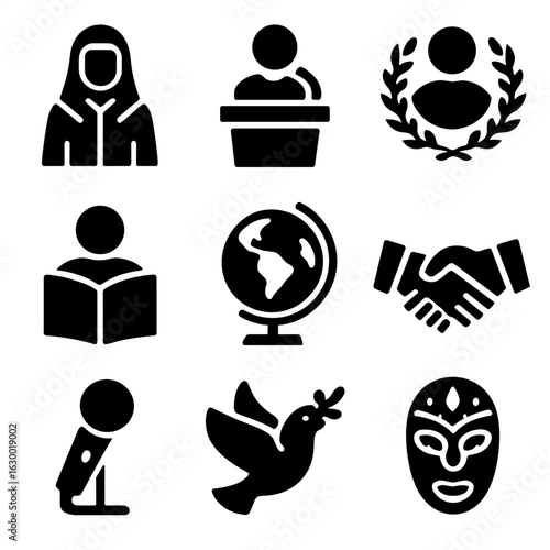 Cultural Icons Grid. Solid, filled icons set of portraits of cultural leaders and figures in society: