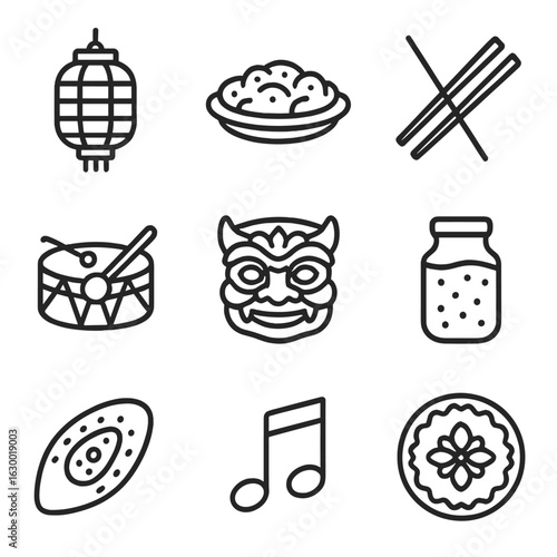 Cultural Food Icons. Outline icon set of cultural food celebrations: lantern, traditional dish, chopsticks,