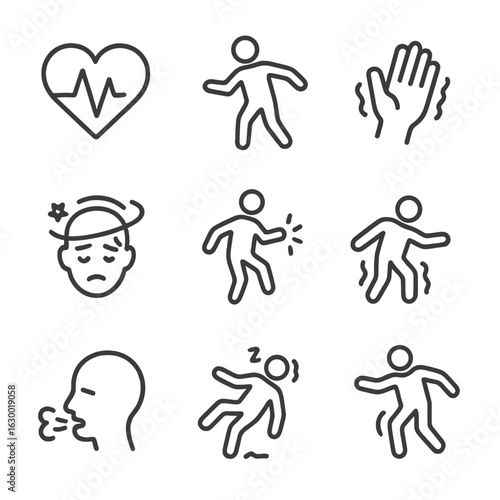 Health Instability Icons. Outline icon set of instability in health: shaky heartbeat, unbalanced posture, trembling limb, dizzy