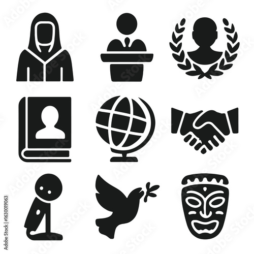 Cultural Icons Grid. Solid, filled icons set of portraits of cultural leaders and figures in society: