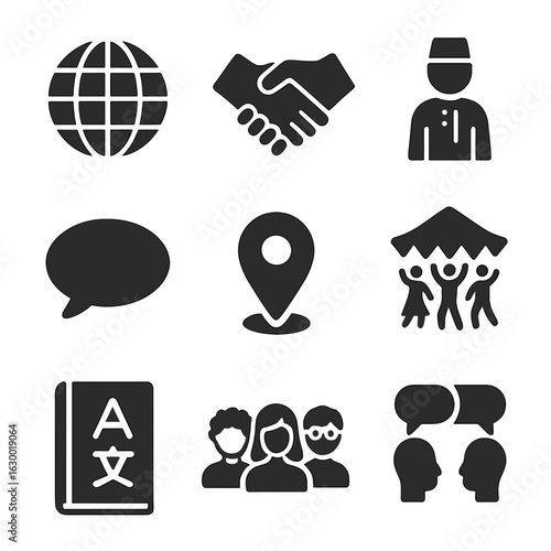 Cultural Icons Grid. Solid, filled icons set of Cultural adaptation: globe, handshake, traditional dress,