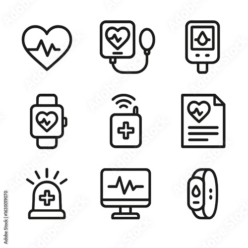 Health Monitoring Icons. Outline icon set of telemetry health monitoring: heart rate sensor, blood pressure, oxygen monitor,