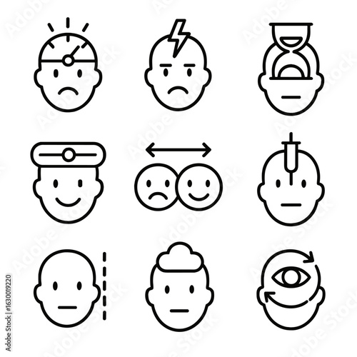 Psychological Threshold Icons. Outline icon set of threshold in psychology and emotions: stress limit, anxiety threshold, patience