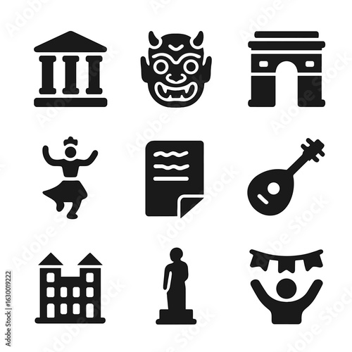 Cultural Heritage Icons. Solid, filled icons set of Cultural heritage: ancient temple, traditional mask,