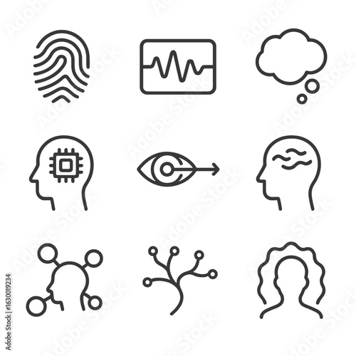Psychological Trace Icons. Outline icon set of psychological trace: fingerprint, brain waves, thought bubble, memory, eye tracking