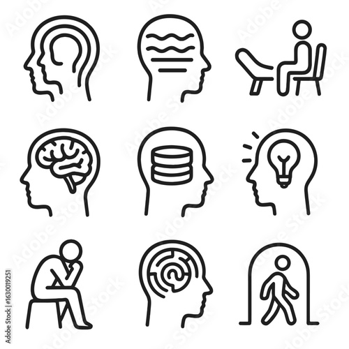 Psychological Icon Set. Outline icon set of psychological depth: layered mind, subconscious layers, therapy couch, brain