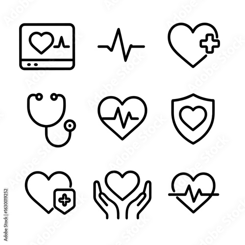 Heart Health Icons. Outline icon set of heart health: heart rate monitor, ECG line, heart with cross, stethoscope, cardiogram,