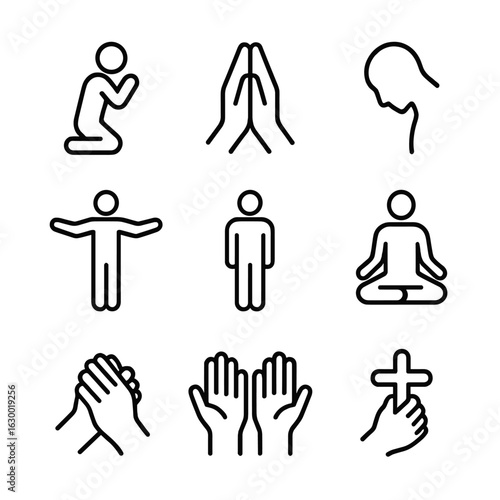 Psalm Prayer Icons. Outline icon set of psalm prayer postures: kneeling figure, praying hands, bowed head, open arms, standing