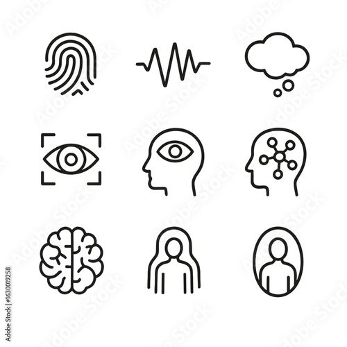 Psychological Trace Icons. Outline icon set of psychological trace: fingerprint, brain waves, thought bubble, memory, eye tracking