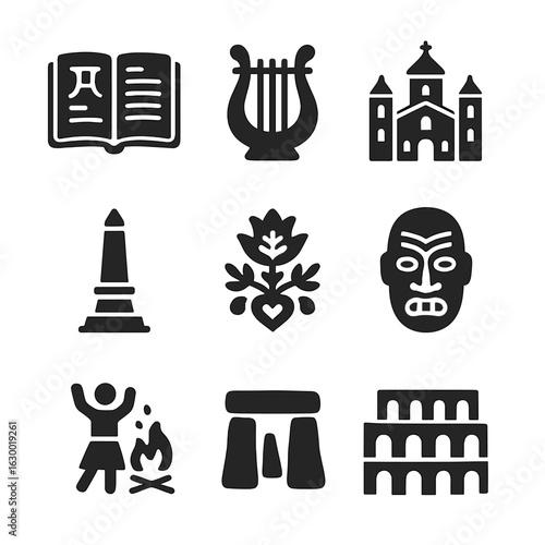 Cultural History Icons. Solid, filled icons set of Cultural history: old manuscript, traditional music,
