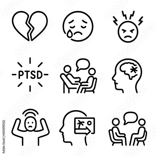 Psychological Trauma Icons. Outline icon set of psychological trauma: broken heart, crying face, stress, PTSD symbol, therapy