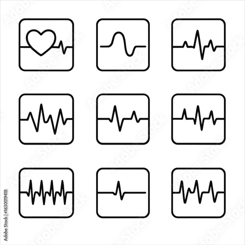 Heartbeat Monitor Icons. Outline icon set of heartbeat monitor readings: heart rate graph, pulse waveform, normal sinus rhythm,