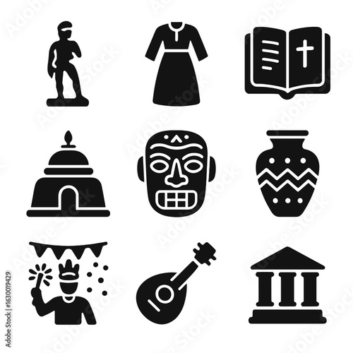 Cultural Legacy Icons. Solid, filled icons set of Cultural legacy: historic statue, traditional clothing, old