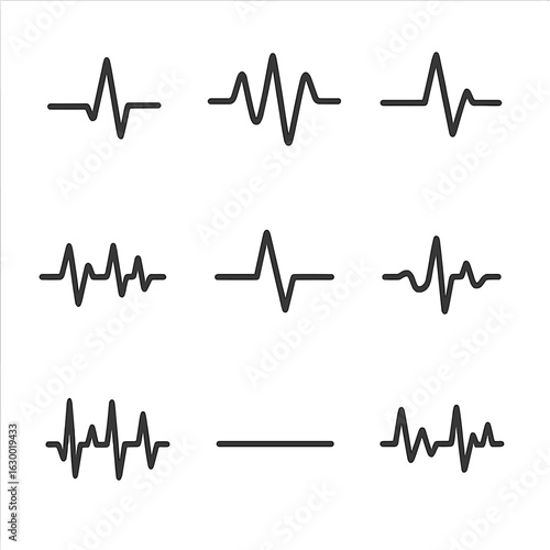 Heartbeat Monitor Icons. Outline icon set of heartbeat monitor readings: heart rate graph, pulse waveform, normal sinus rhythm,