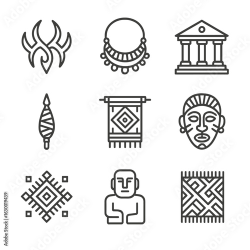 Cultural Legacy Icons. Outline icon set of cultural legacy in contemporary design: tribal tattoo, folk jewelry