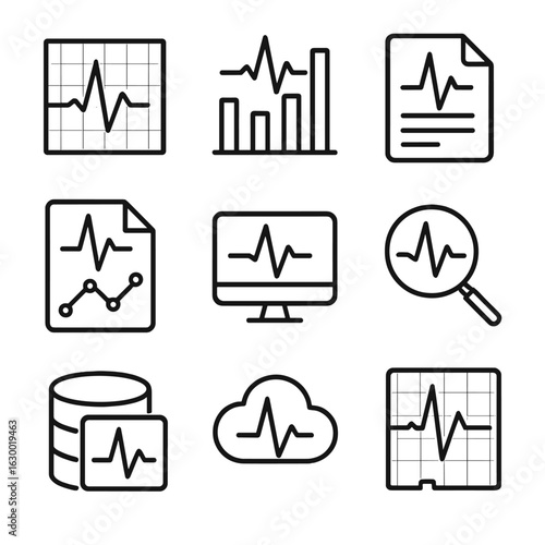 Heartbeat Monitor Icon Set. Outline icon set of heartbeat monitor data analysis: graph chart, statistics, report, trend line, ECG